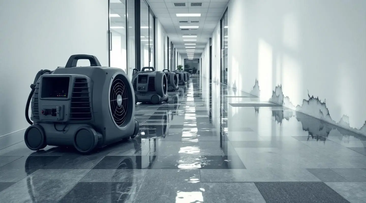 A modern Fargo office building interior undergoing professional water damage restoration and cleanup.